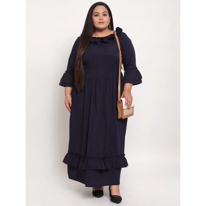 Women's Crepe Solid Full Length Fit and Flare Dress (Navy Blue)