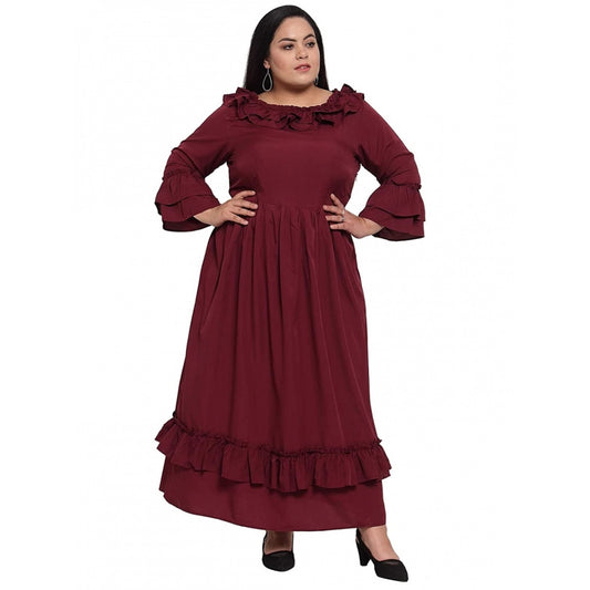 Women's Crepe Solid Full Length Fit and Flare Dress (Maroon)