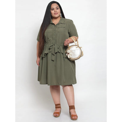 Women's Crepe Solid Knee Length Fit and Flare Dress (Olive Green)