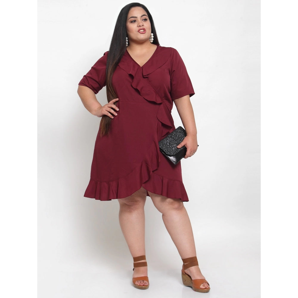 Women's Crepe Solid Knee Length Fit and Flare Dress (Maroon)