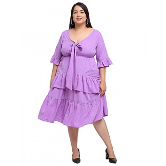 Women's Crepe Solid Knee Length Fit and Flare Dress (Purple)