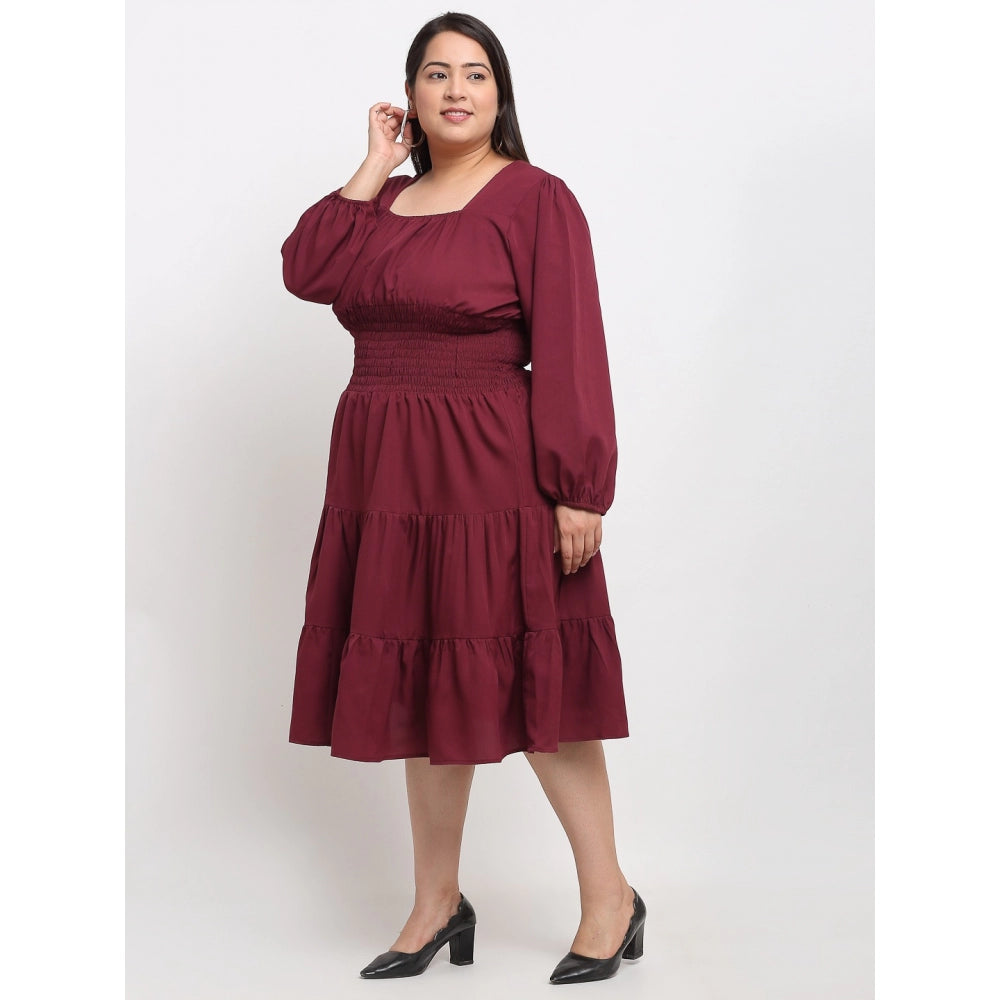 Women's Crepe Solid Knee Length Fit and Flare Dress (Maroon)