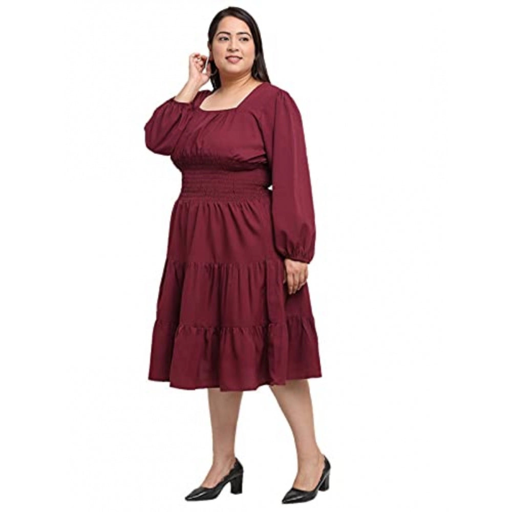 Women's Crepe Solid Knee Length Fit and Flare Dress (Maroon)