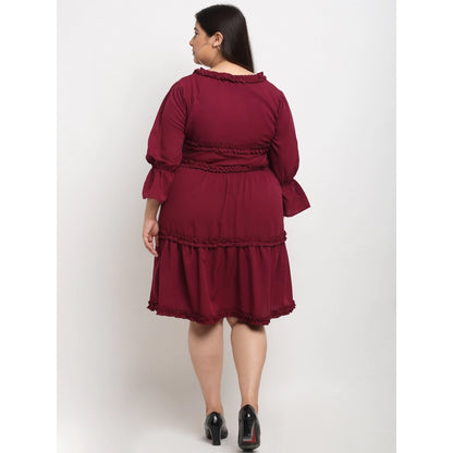 Women's Crepe Solid Knee Length Fit and Flare Dress (Maroon)