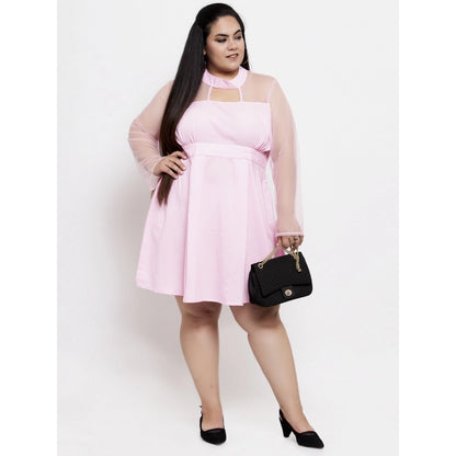 Women's Crepe Solid Knee Length Fit and Flare Dress (Pink)