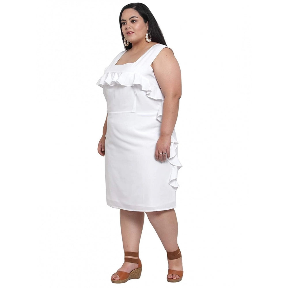 Women's Crepe Solid Knee Length Fit and Flare Dress (White)