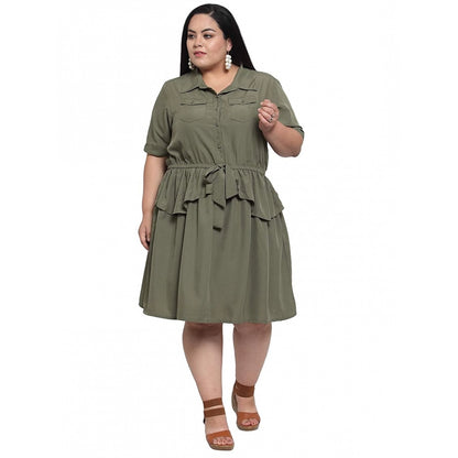 Women's Crepe Solid Knee Length Fit and Flare Dress (Olive Green)