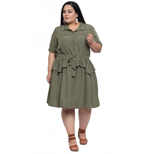 Women's Crepe Solid Knee Length Fit and Flare Dress (Olive Green)