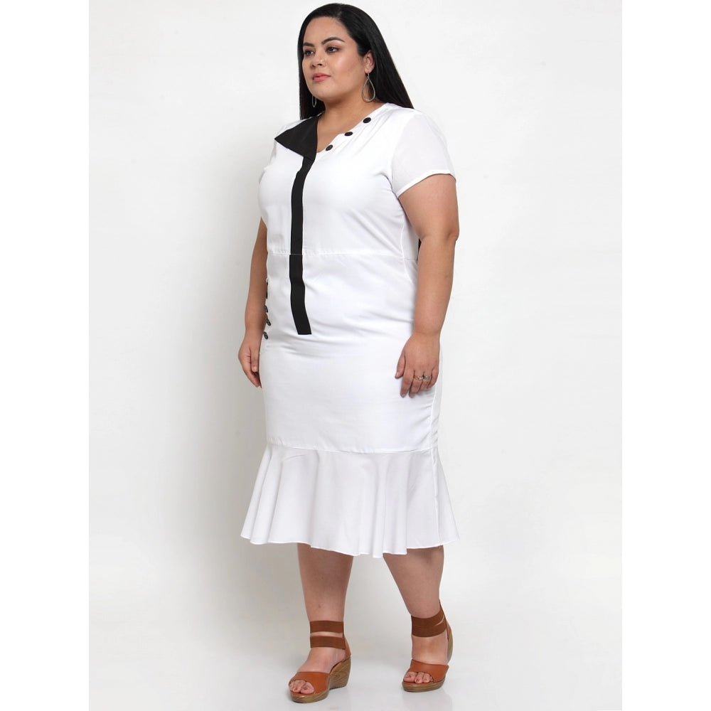 Women's Crepe Solid Knee Length Fit and Flare Dress (White)