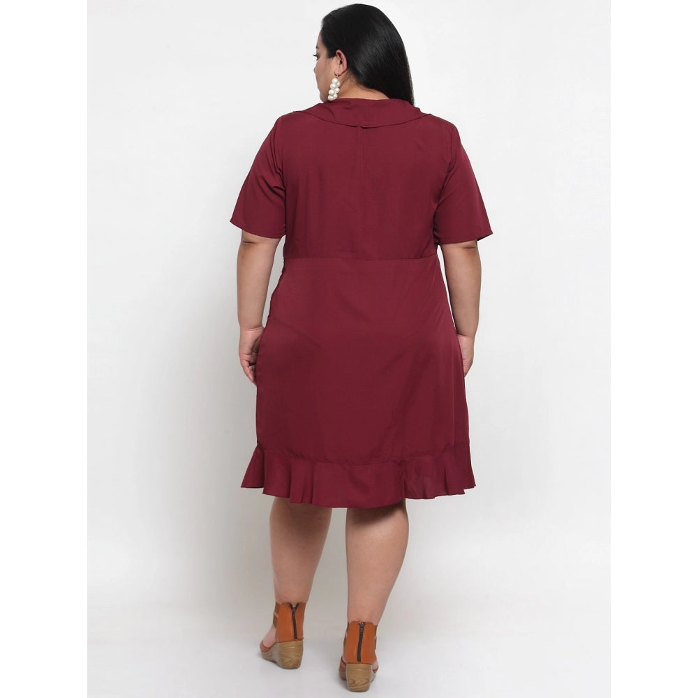 Women's Crepe Solid Knee Length Fit and Flare Dress (Maroon)