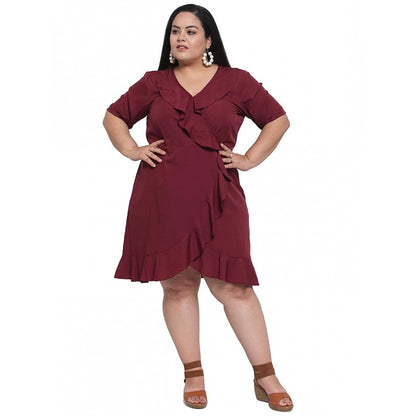 Women's Crepe Solid Knee Length Fit and Flare Dress (Maroon)