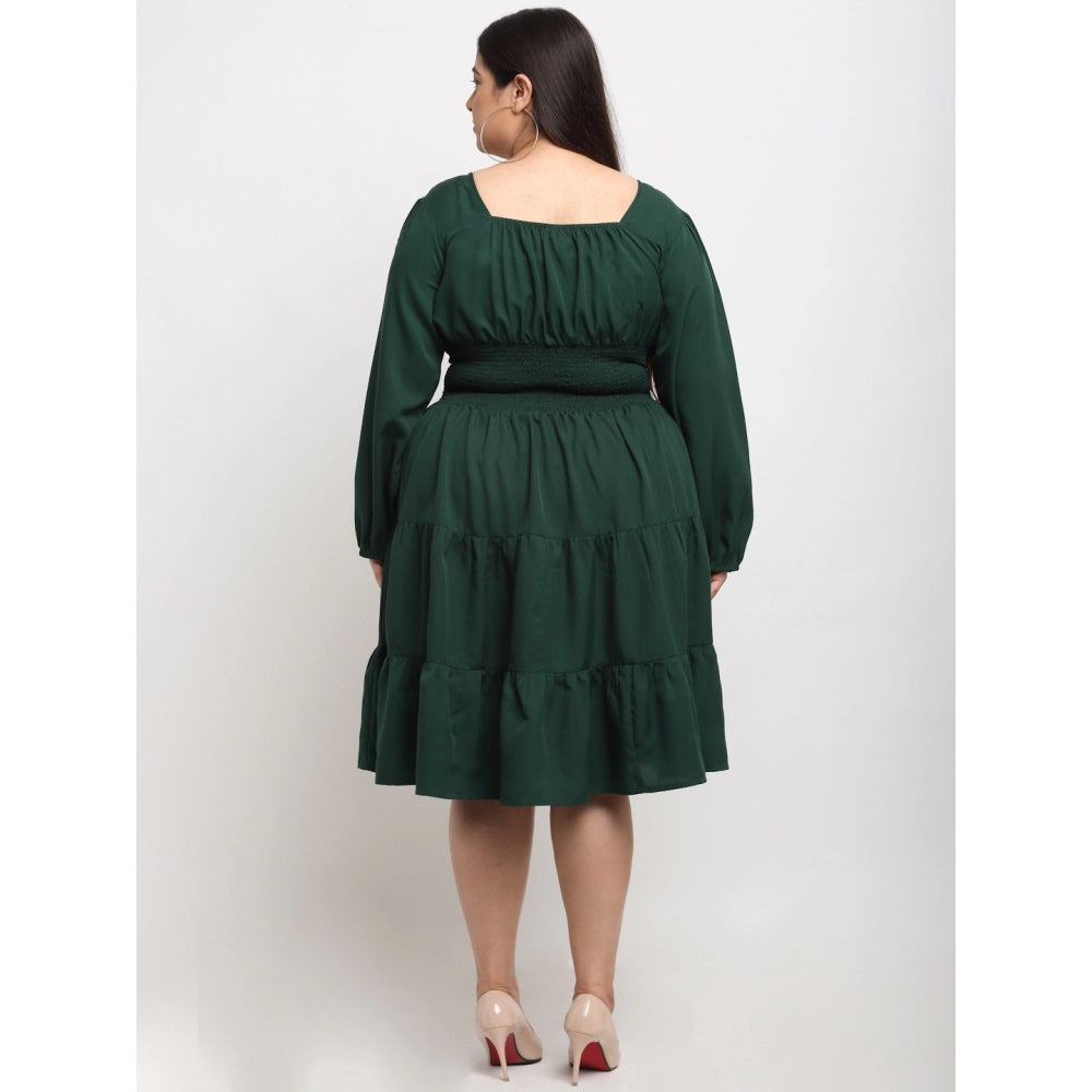 Women's Crepe Solid Knee Length Fit and Flare Dress (Bottle Green)