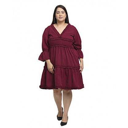 Women's Crepe Solid Knee Length Fit and Flare Dress (Maroon)