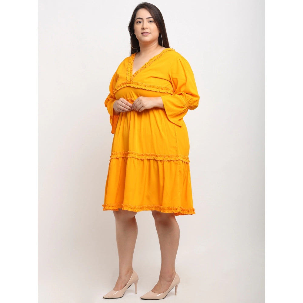 Women's Crepe Solid Knee Length Fit and Flare Dress (Yellow)