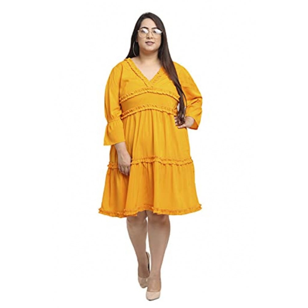 Women's Crepe Solid Knee Length Fit and Flare Dress (Yellow)