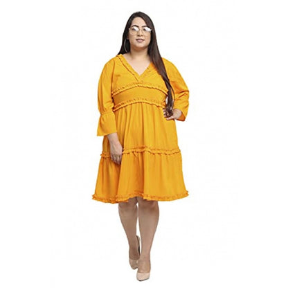 Women's Crepe Solid Knee Length Fit and Flare Dress (Yellow)