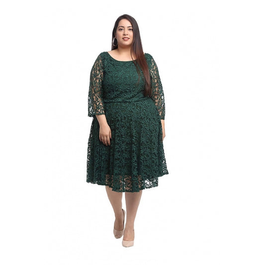 Women's Net Solid Knee Length Fit and Flare Dress (Botal Green)