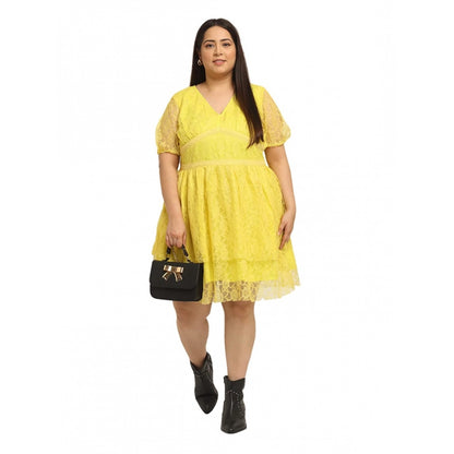 Women's Net Solid Knee Length Fit and Flare Dress (Yellow)