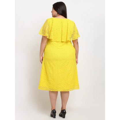 Women's Net Solid Knee Length Fit and Flare Dress (Yellow)