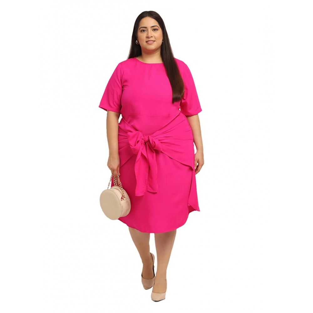 Women's Crepe Solid Knee Length Fit and Flare Dress (Pink)