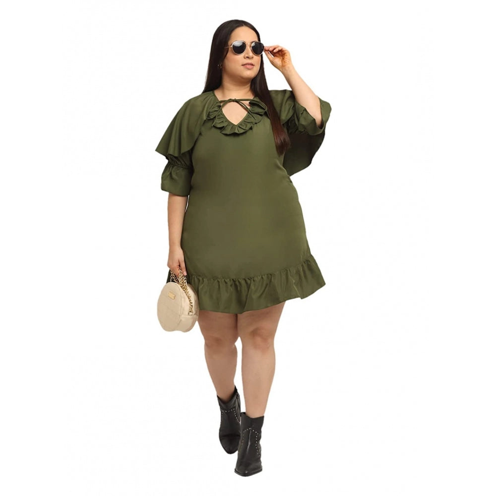 Women's Crepe Solid Knee Length Fit and Flare Dress (Olive Green)