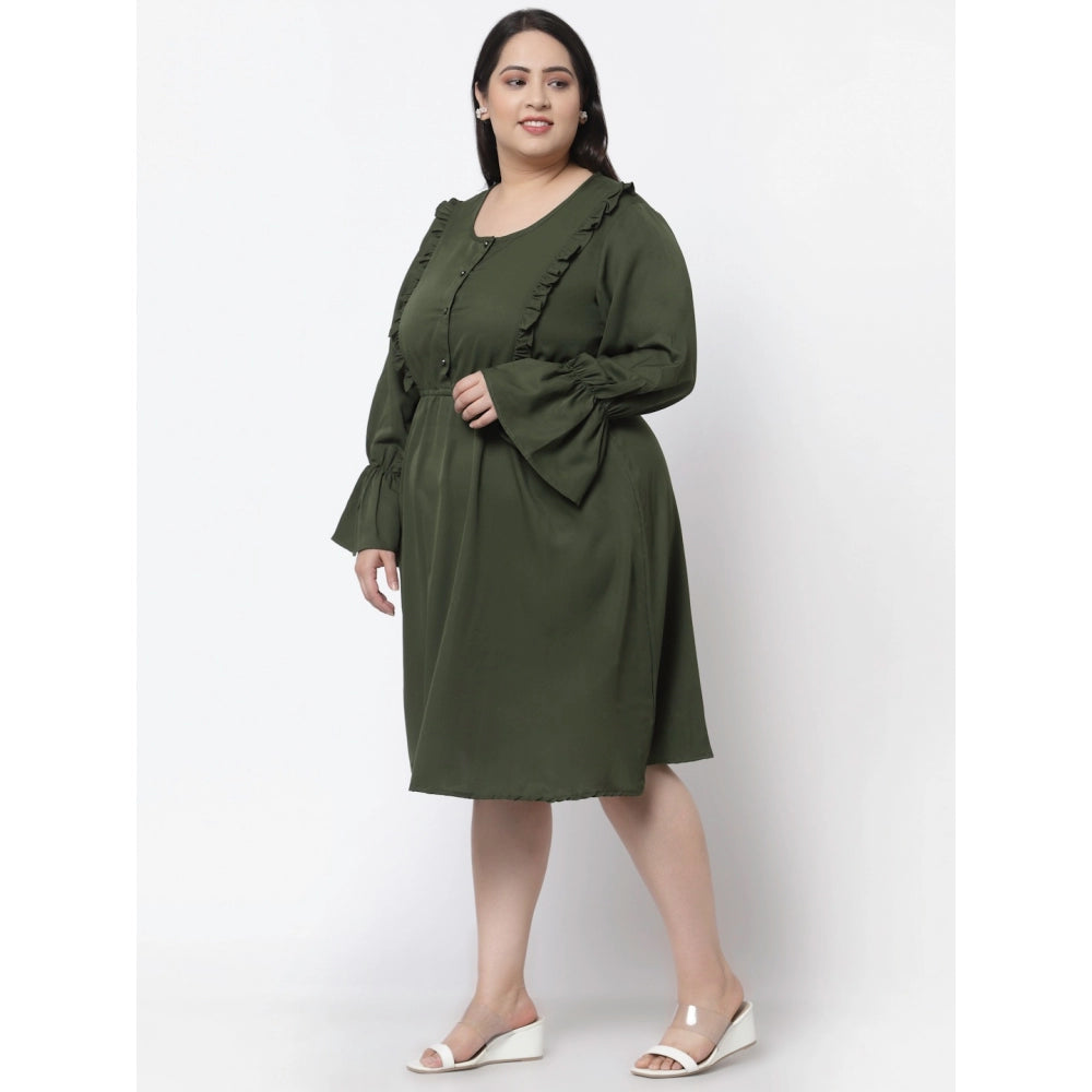 Women's Crepe Solid Knee Length Fit and Flare Dress (Botal Green)