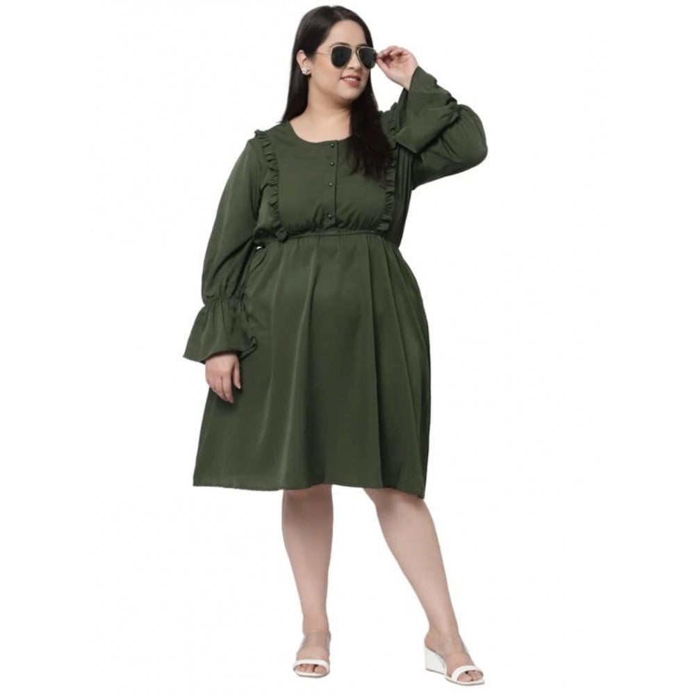 Women's Crepe Solid Knee Length Fit and Flare Dress (Botal Green)