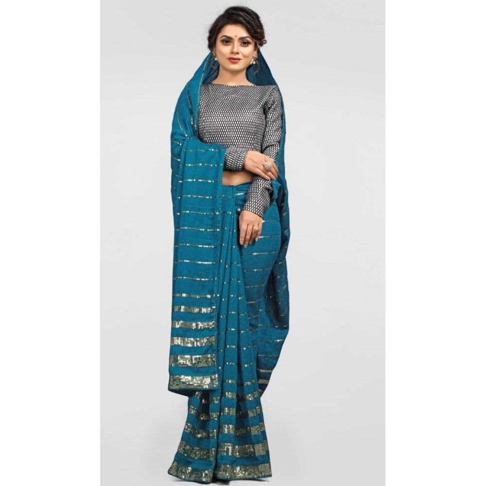 Women's Vichitra Saree with Blouse (Rama, 5-6 Mtrs)