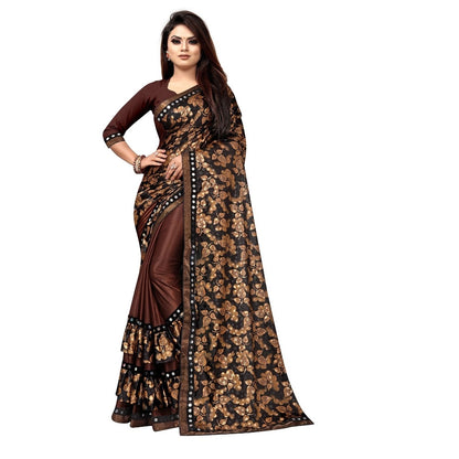 Women's Lycra Blend Saree with Blouse (Coffee, 5-6 Mtrs)