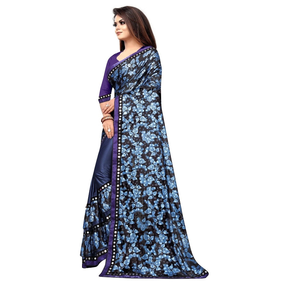 Women's Lycra Blend Saree with Blouse (Blue, 5-6 Mtrs)