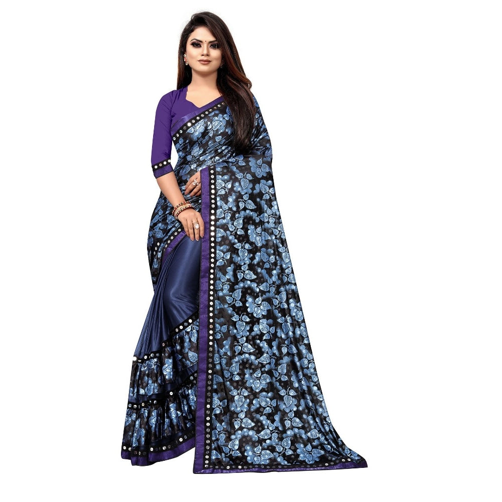 Women's Lycra Blend Saree with Blouse (Blue, 5-6 Mtrs)