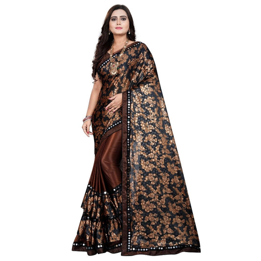 Women's Lycra Blend Saree with Blouse (Coffee, 5-6 Mtrs)