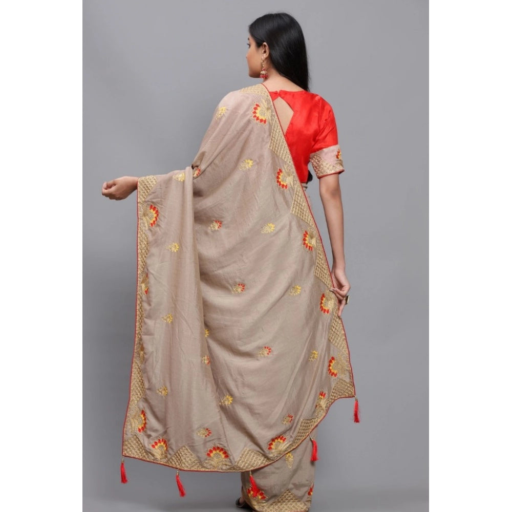 Women's Vichitra Saree with Blouse (Chiku, 5-6 Mtrs)