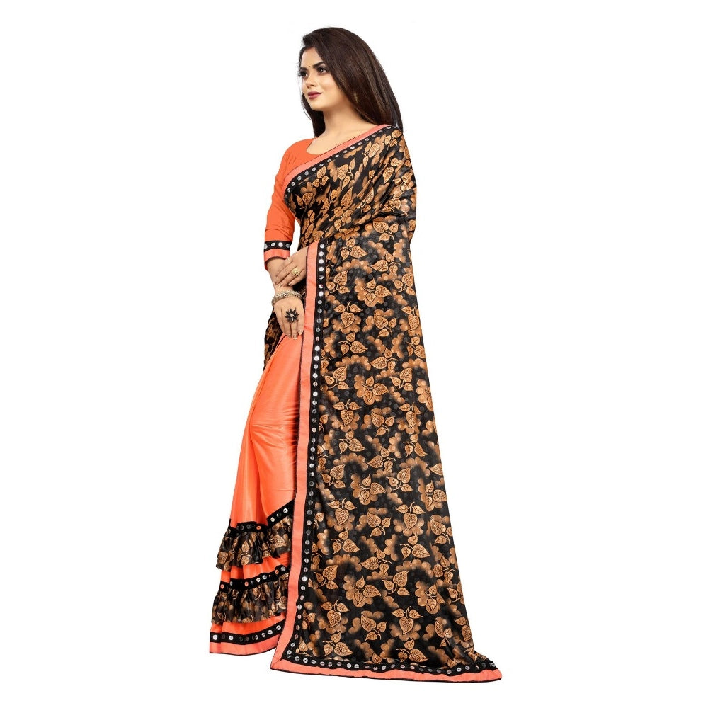 Women's Lycra Blend Saree with Blouse (Orange, 5-6 Mtrs)