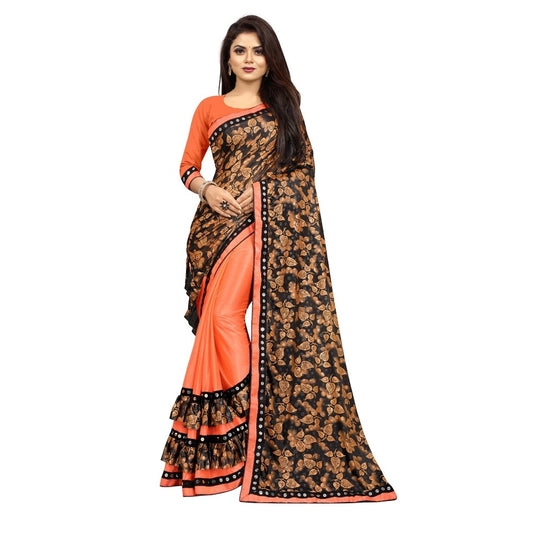 Women's Lycra Blend Saree with Blouse (Orange, 5-6 Mtrs)