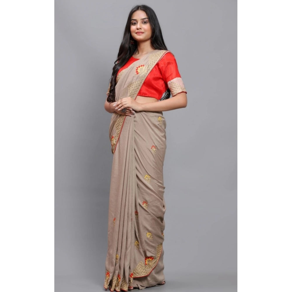 Women's Vichitra Saree with Blouse (Chiku, 5-6 Mtrs)