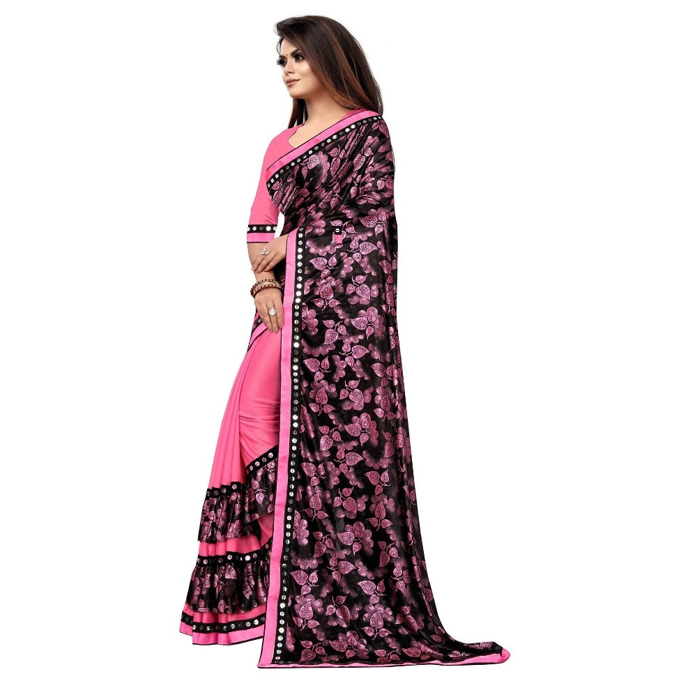 Women's Lycra Blend Saree with Blouse (Pink, 5-6 Mtrs)