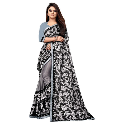 Women's Lycra Blend Saree with Blouse (Grey, 5-6 Mtrs)