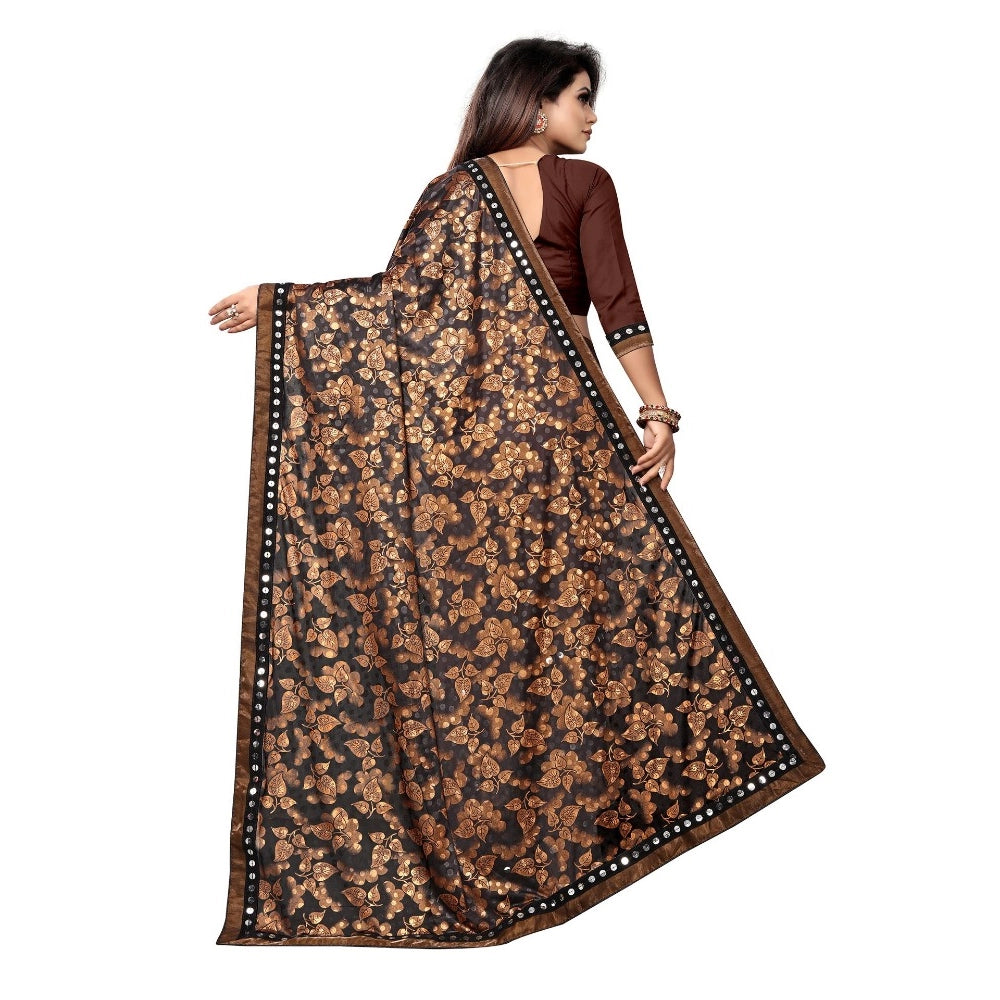 Women's Lycra Blend Saree with Blouse (Coffee, 5-6 Mtrs)