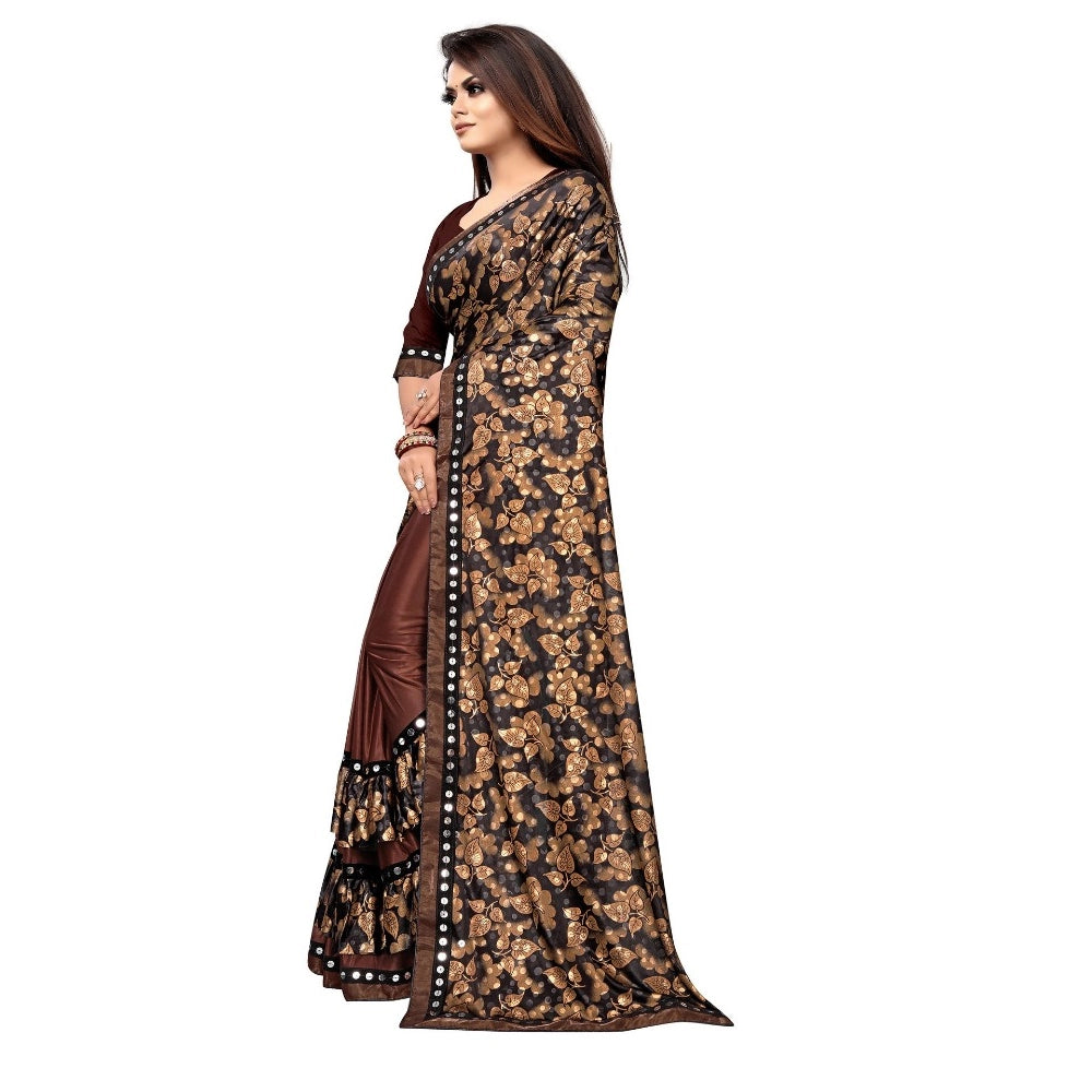 Women's Lycra Blend Saree with Blouse (Coffee, 5-6 Mtrs)