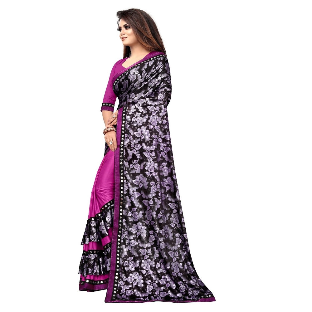 Women's Lycra Blend Saree with Blouse (Purple, 5-6 Mtrs)