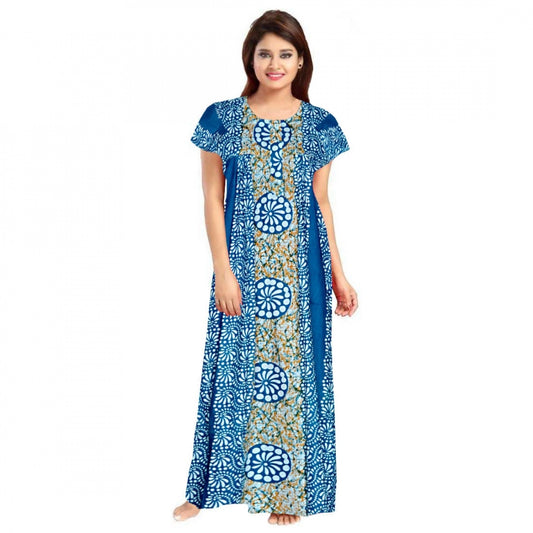 Women's Cotton Printed Maxi Nighty (Blue)