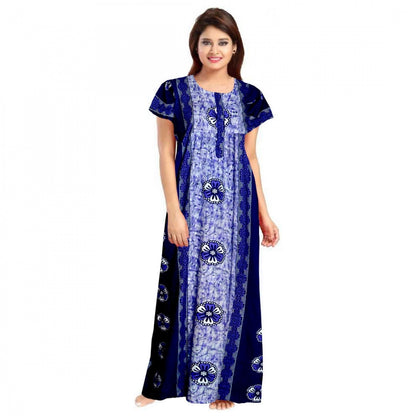 Women's Cotton Printed Maxi Nighty (Blue)