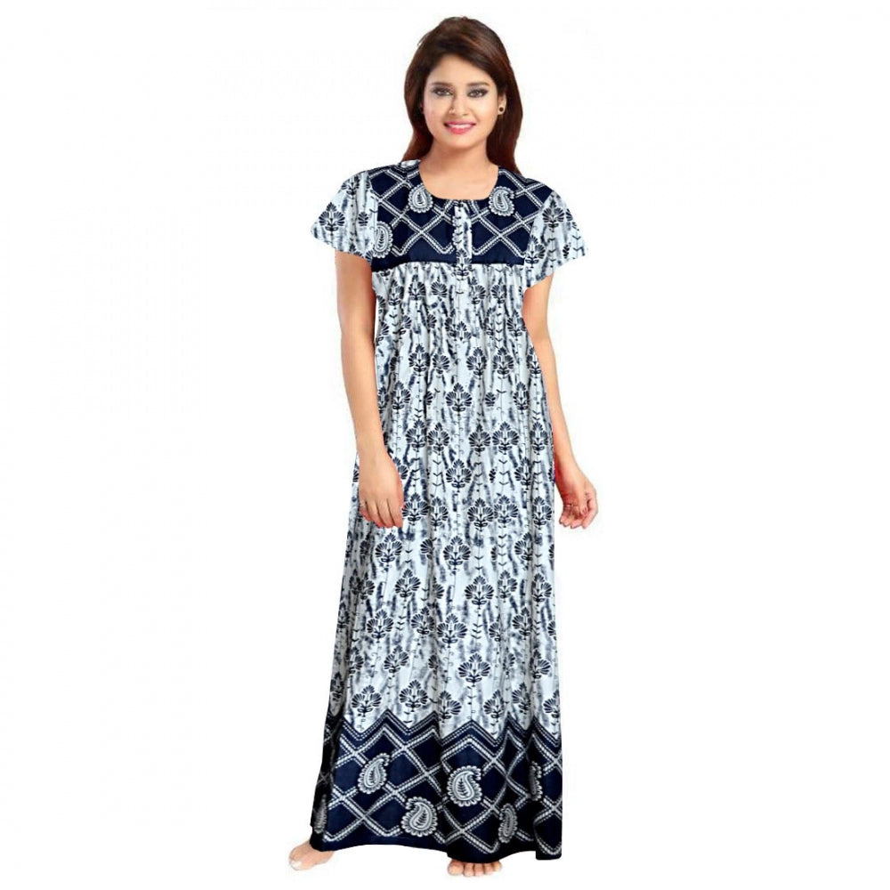 Women's Cotton Printed Maxi Nighty (Navy Blue)