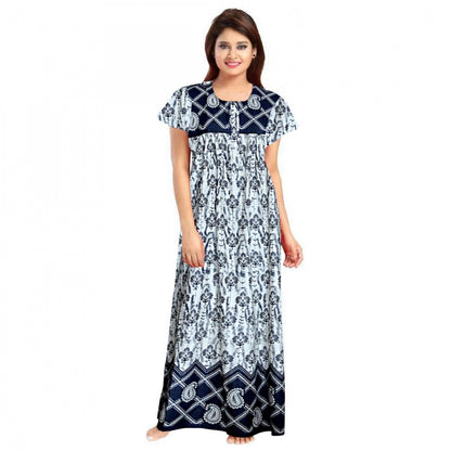 Women's Cotton Printed Maxi Nighty (Navy Blue)