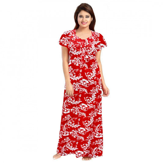 Women's Cotton Printed Maxi Nighty (Red)