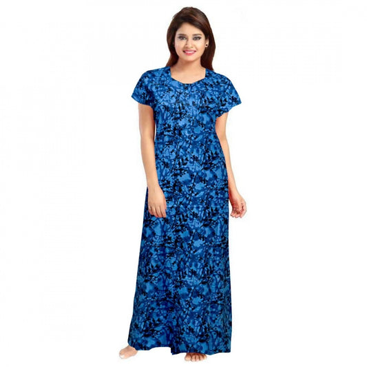 Women's Cotton Printed Maxi Nighty (Blue)