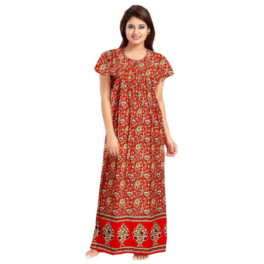 Women's Cotton Printed Maxi Nighty (Red)