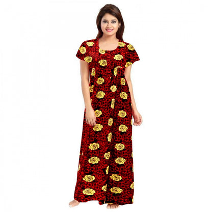 Women's Cotton Printed Maxi Nighty (Maroon)