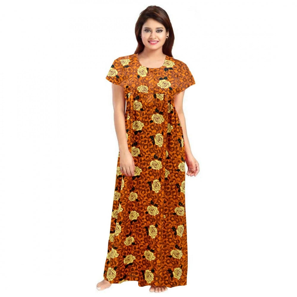 Women's Cotton Printed Maxi Nighty (Mustard)